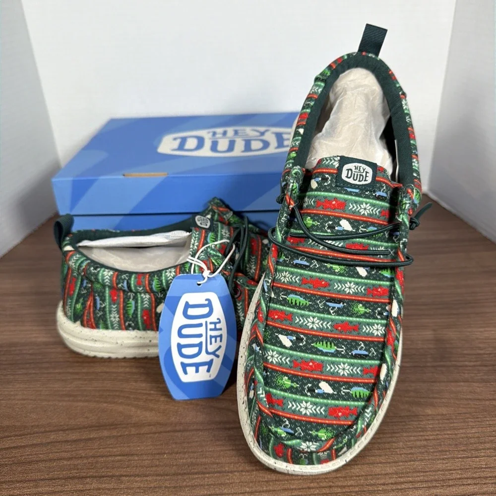 Hey Dude Men's Wally Fishmas Sweater Pine Green/Multi Shoes NIB! 2025 Sz Mens 10